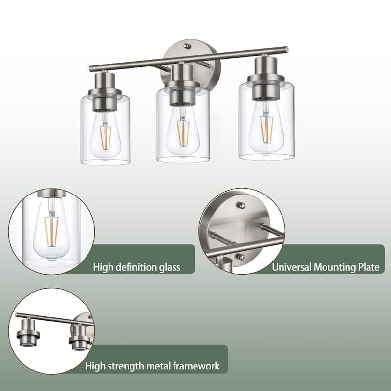 3-Light Bathroom Light Fixtures, Brushed Nickel Modern Vanity Lights Over Mirror with Clear Glass Shade, Bathroom Wall Lamp