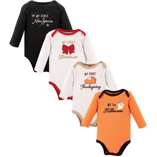 slide 1 of 1, Hudson Baby Infant Girl Cotton Long-Sleeve Bodysuits 4pk, Girl Holiday 0-6 Months - Girl Holiday
