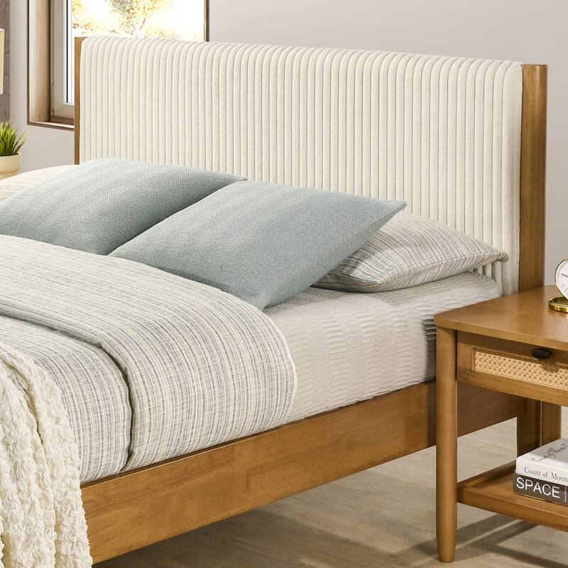Queen Size Platform Bed with Upholstered Corduroy Headboard, Solid Rubberwood Frame in Light Walnut Finish