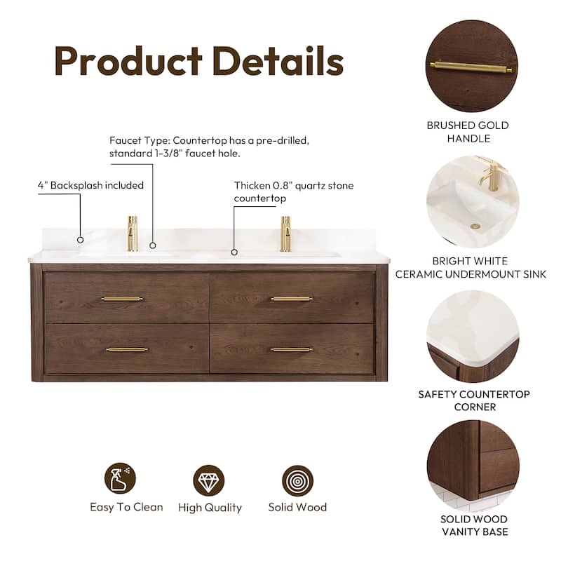 Cristo Floating Bath Vanity with White Quartz Stone Top without Mirror