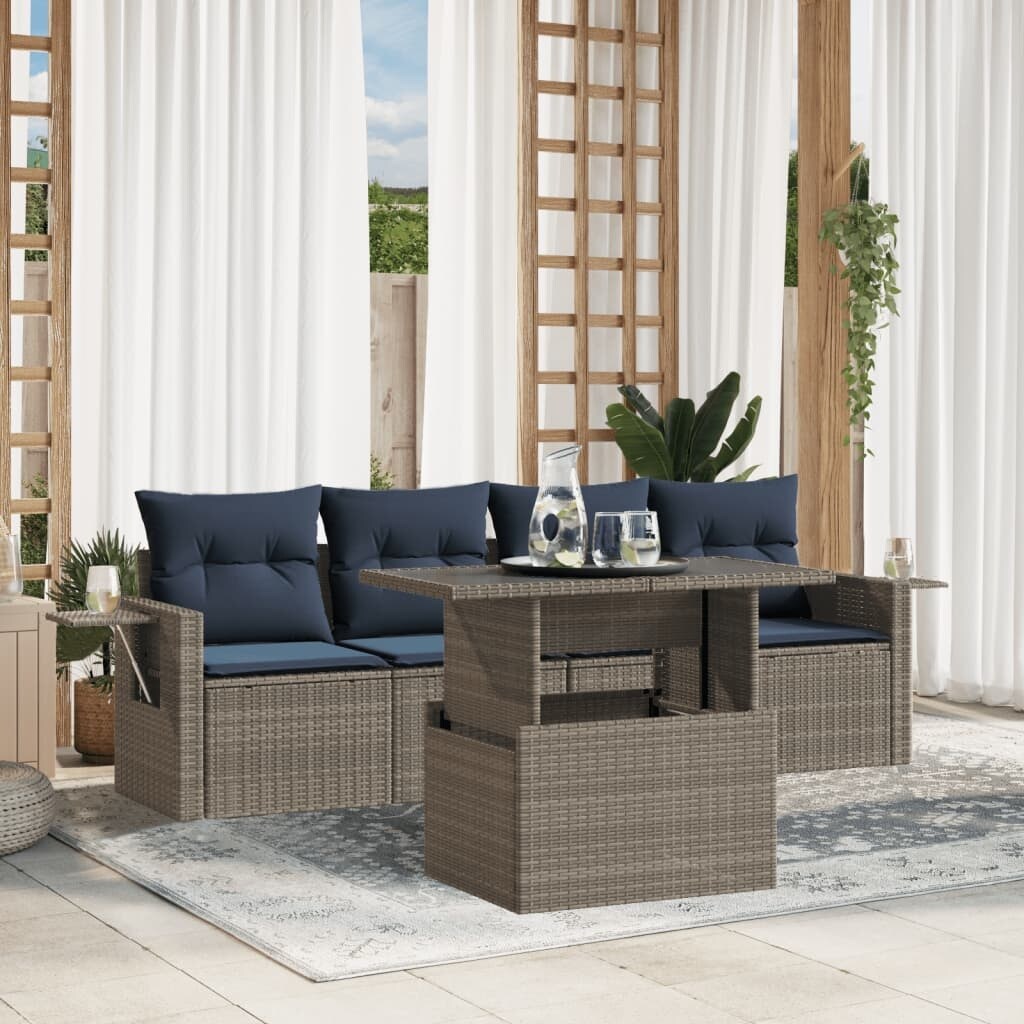 vidaXL Patio Sofa Set with Cushions Table and Couches 5 Piece Poly Rattan - 21.7 x 24.4 x 27.2