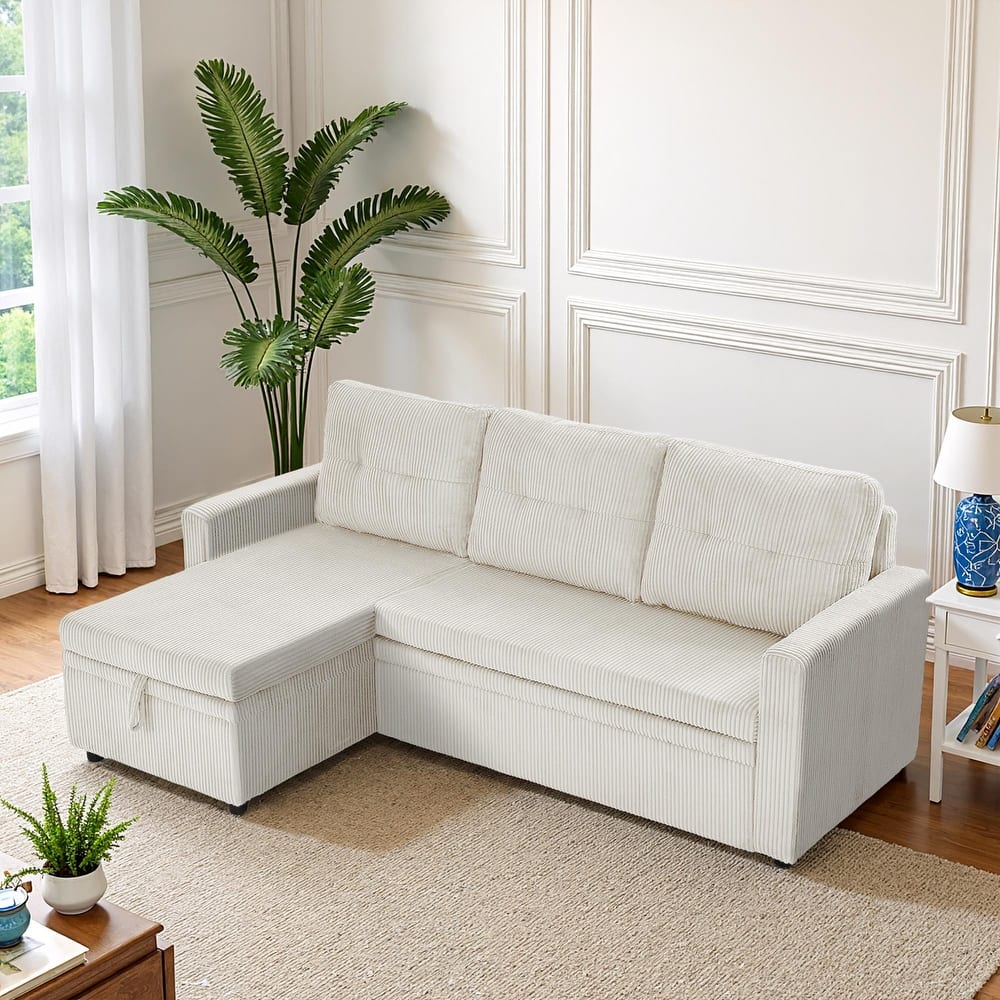 Tufted Convertible Corduroy/ Linen Modular Sectional Sofa with Storage Chaise