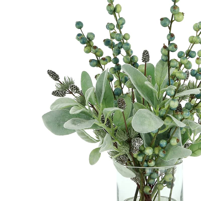 Lamb's Ear Holiday Arrangement with Pinecones and Berries in a Glass Vase - Green, Blue - 24Hx16Wx16D