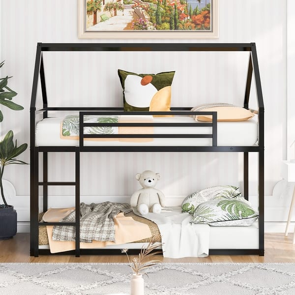slide 2 of 14, Modern Twin over Twin House Bunk Kids Bed with Ladder,Roof,Guardrail Black