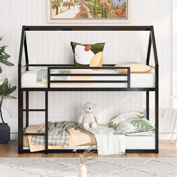 slide 2 of 28, Twin over Twin House Bunk Bed with Built-in Ladder House Shaped Metal Floor Bunk Beds w/Length Guardrail, No Box Spring Needed Black