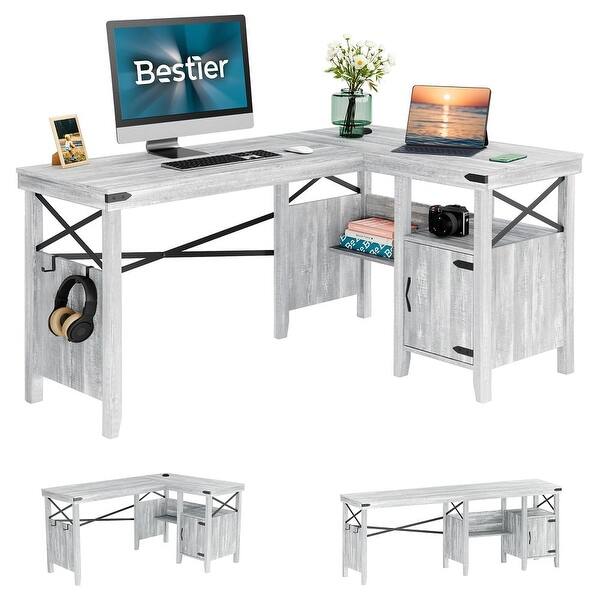 Farmhouse 2 Person 60 inch L-Shaped Computer Desk with Storage Cabinet ...