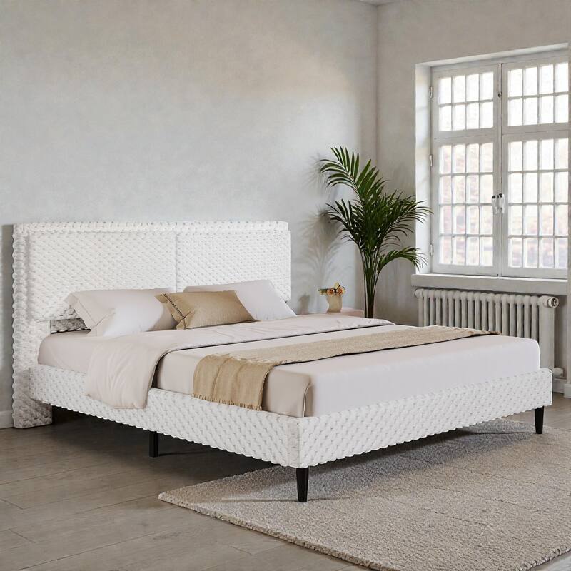 Modern Plush Upholstered Bed with Soft Padded Backrest, Solid Wood Frame & Rounded Safety Design, Queen/King - White - King