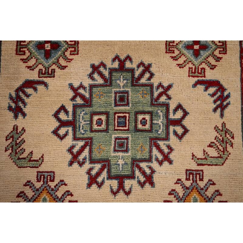 Geometric Beige Kazak Accent Rug Hand-Knotted Wool Carpet - 3'3" x 5'1"