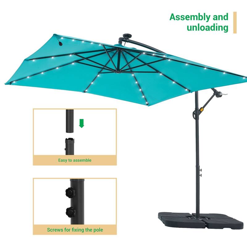 LIVOOSUN Solar Powered 8.2ft LED Patio Offset Umbrella With Base