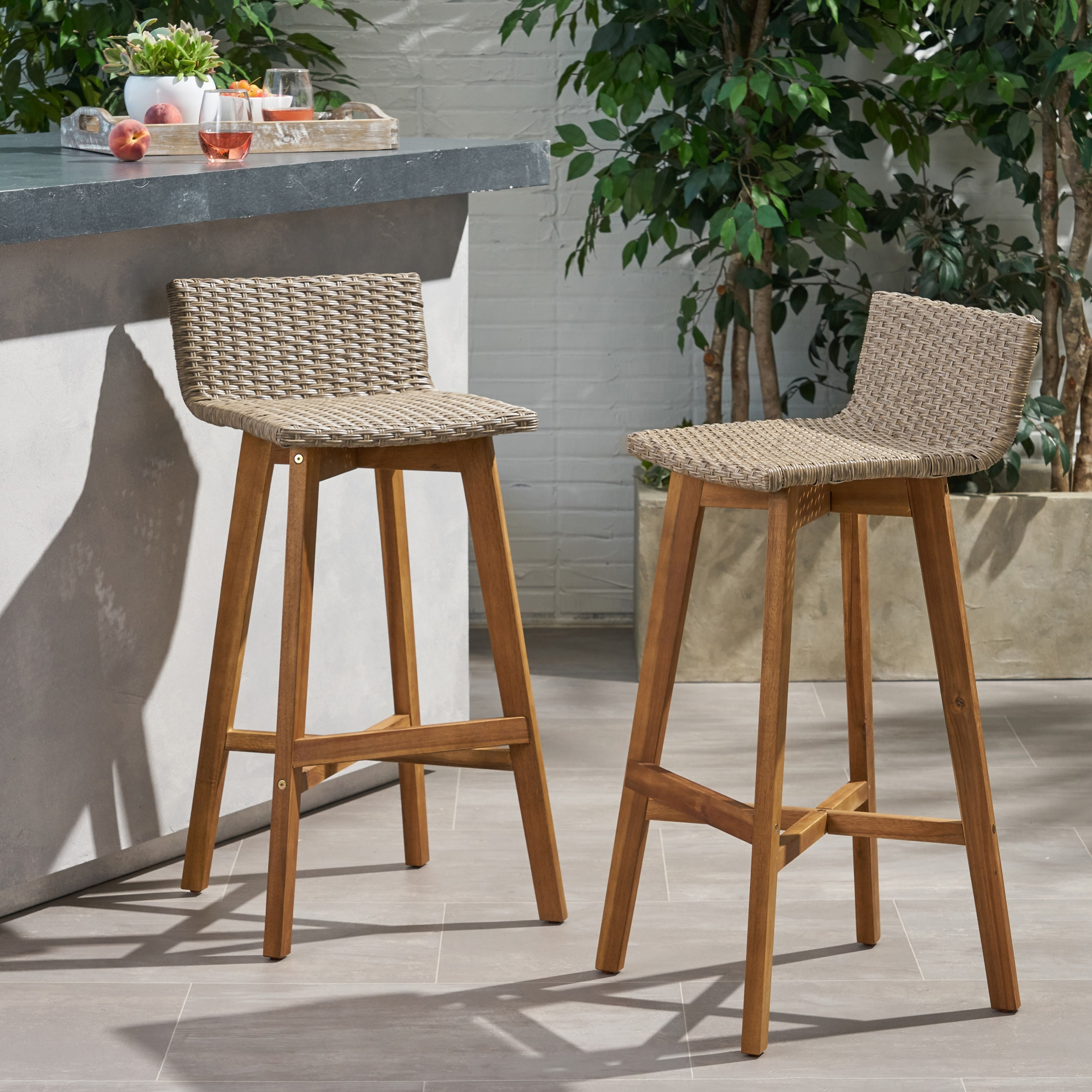 La Brea Outdoor Acacia Wood and Wicker Barstools Set of 2 by