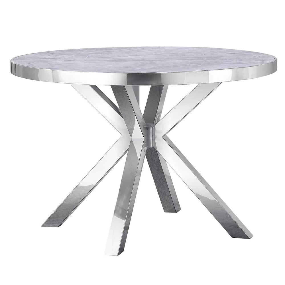 Round Dining Room Table with Silver Stainless Steel Metal Cross Base