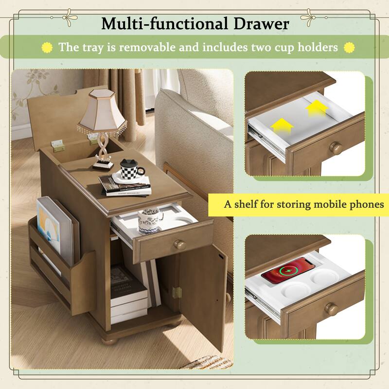 Vintage End Table Flip Top Side Table with USB Ports, One Multifunctional Drawer with cup holders, Sofa Couch Table w/ Bookshelf