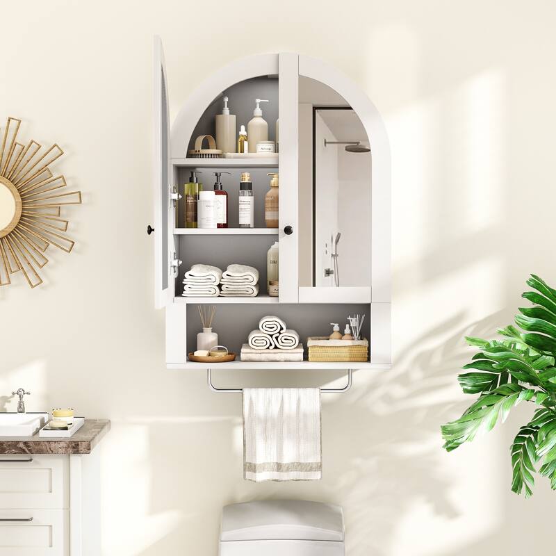 Wall Mounted Arched Cabinet with Mirrored Doors and Adjustable Shelves for Laundry Room, Bathroom, Kitchen