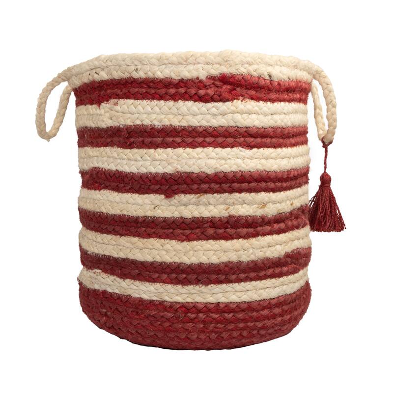 Sevita Striped Jute Hand-Stitched Storage Basket with Handles