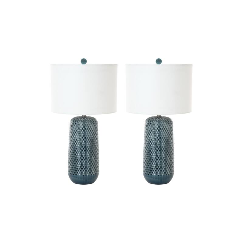 HomeRoots Set of Two 30" Blue Ceramic Geometric Table Lamp With White Drum Shade - 16' X '30' X '16