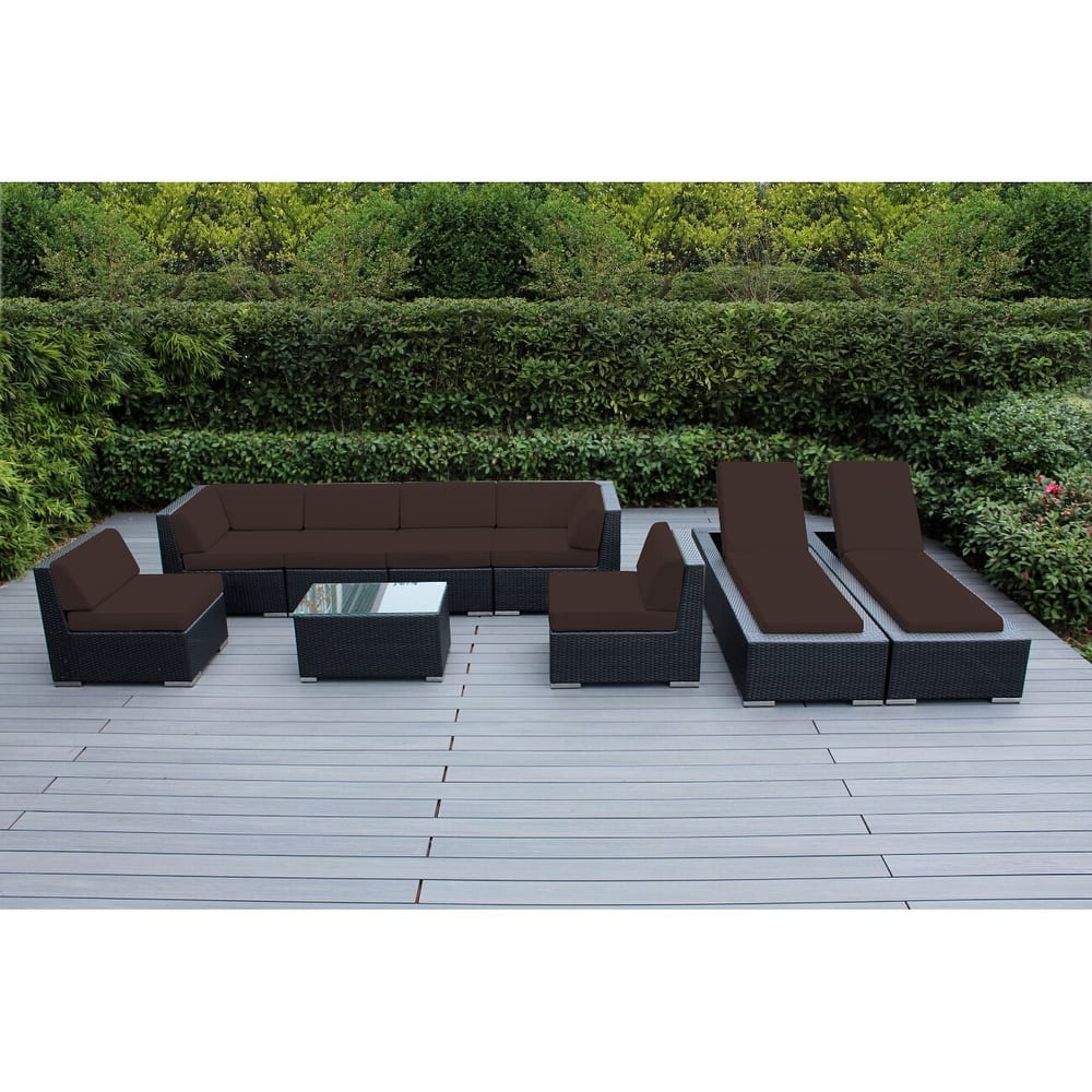 Ohana Outdoor Patio 9 Piece Black Wicker Sofa and Chaise Lounge Set - No Assembly