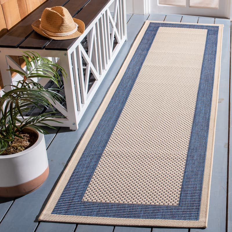 SAFAVIEH Courtyard Sherrie Border Indoor/ Outdoor Waterproof Patio Backyard Rug - 8' Runner/6' Runner - Beige/Navy