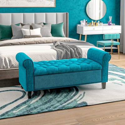 HOMCOM 50" Storage Ottoman Bench, Upholstered End of Bed Bench with Rolled Arms, Wood Legs, Button Tufted Storage Bench Gray