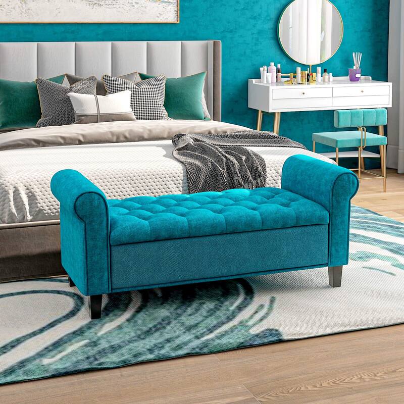 Modern Storage Ottoman Bench, Upholstered End of Bed Bench with Rolled Arms