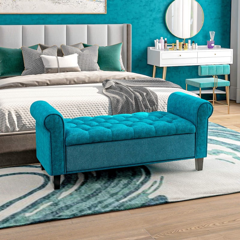 Upholstered End of Bed Bench with Rolled Arms, Storage Bench Indoor Bench Window Bench with Wood Legs