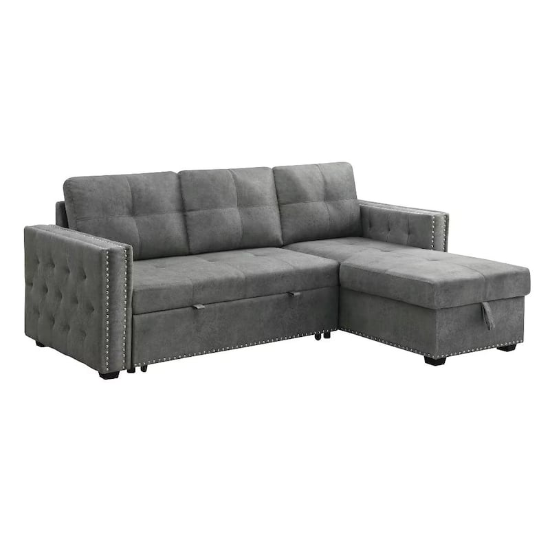 Morden Fort Reversible L-Shaped Sofa Bed with Storage - Velvet Upholstery, Button Tufting, and Nailhead Trim