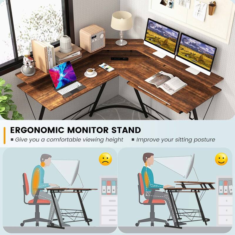 Costway L-shaped Computer Desk with Power Outlet 51" Corner Computer - See Details