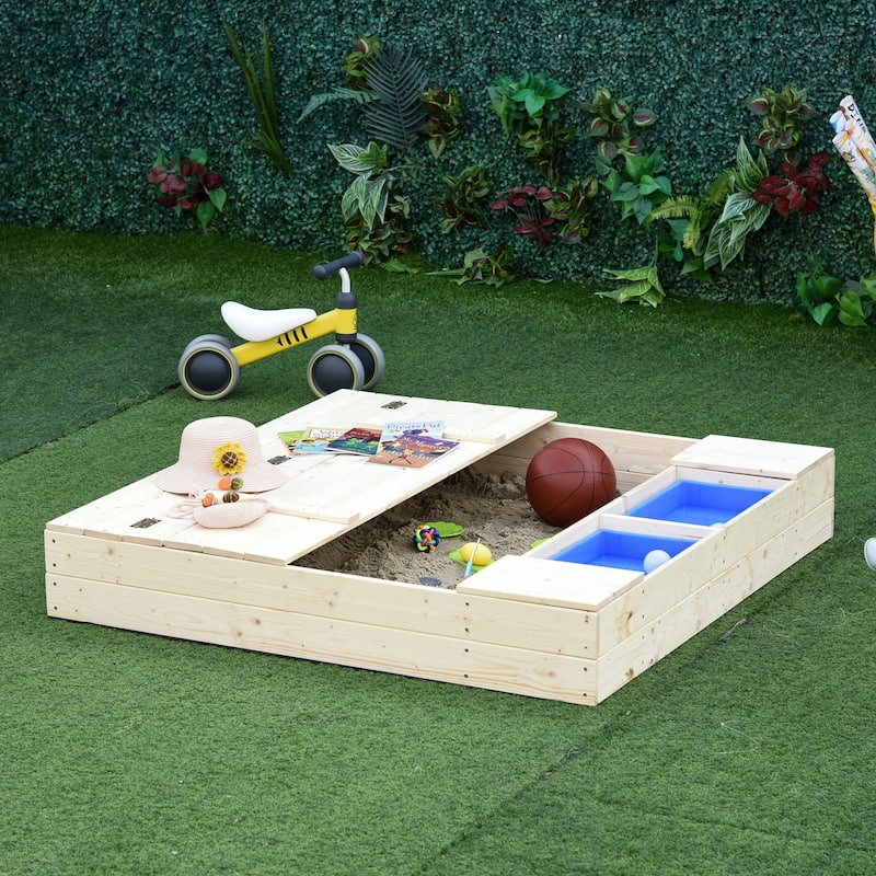 Outsunny Kids Sandbox with Cover and Storage Buckets, Outdoor Wooden Sandbox - 47.25" x 47.25" x 15.75"