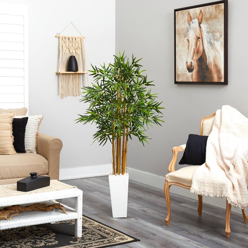 Nearly Natural Green 5-foot Bamboo Tree in White Tower Planter
