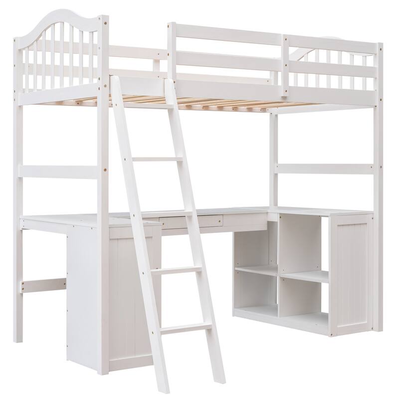 Twin Loft Bed with Desk, Drawers, Shelves, and Cabinet - Space-Saving Furniture