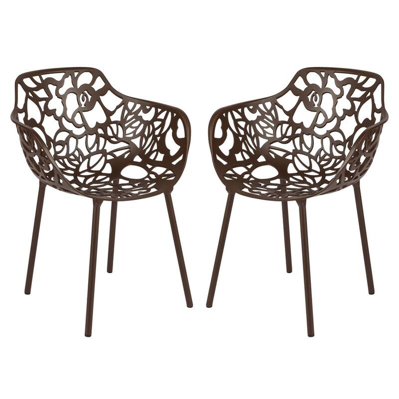 Devon Modern Floral Cutout Dining Chair with Integrated Armrest Stackable Aluminum Frame UV-Resistant Patio Chair Set of 2 - Brown
