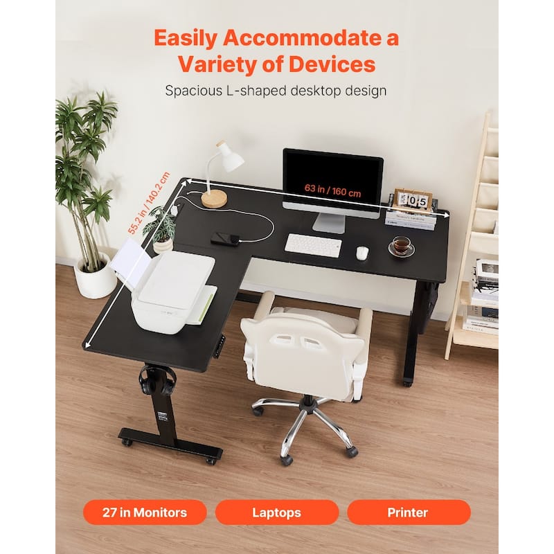 Black Particleboard Adjustable L Shaped Desk Table with USB Ports and Outlets