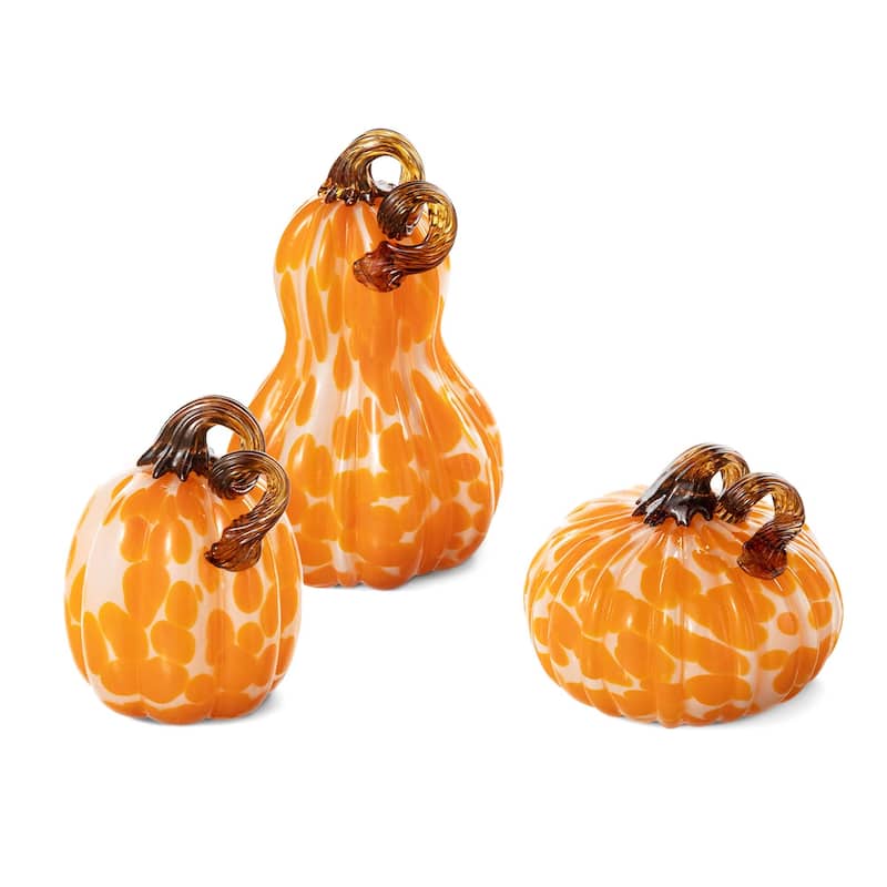 Glitzhome Set of 3 Fall Harvest Orange Dots Glass Pumpkin & Gourd Halloween Thanksgiving Decorating