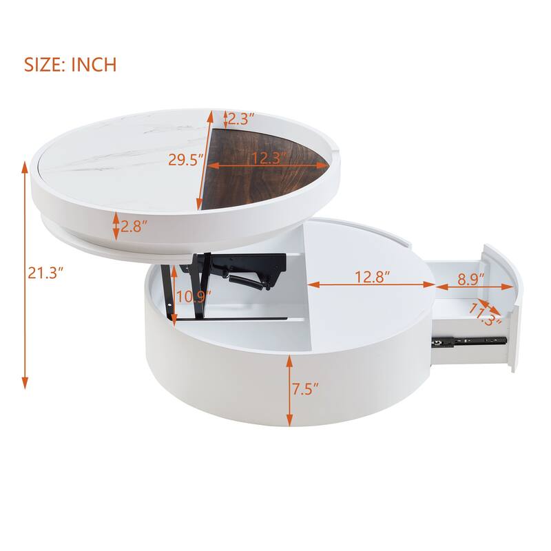 Small Lift-Top Round Coffee Table, Dual-Tone Table with Faux Marble & Wood Grain Top, Compact Center Table with Hidden Storage