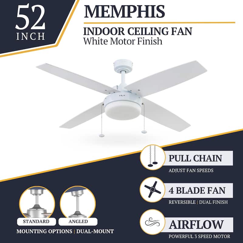 52" Prominence Home Memphis Bright White Contemporary Indoor LED Ceiling Fan with Light, Pull Chain