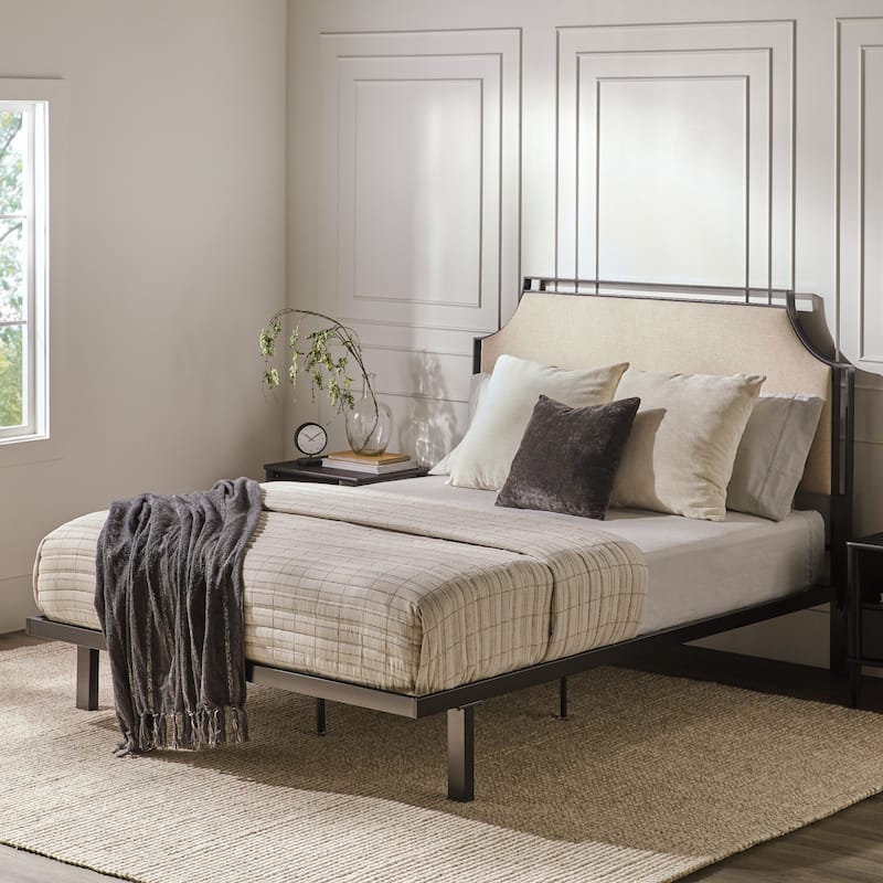 Queen Size Steel Upholstered Platform Bed with Removable Fabric Insert and Fire-Resistant Finish