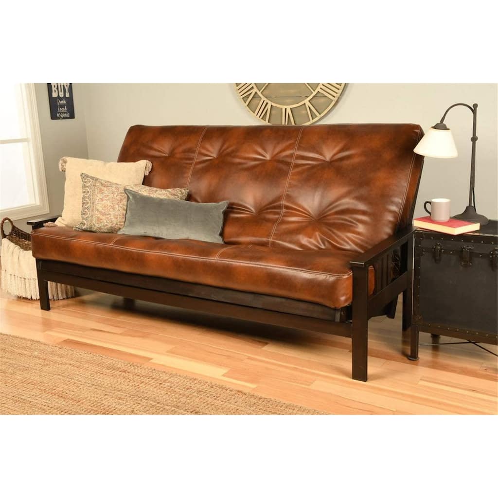 85 in. Espresso/Oregon Trail Saddle Polyester Upholstered Queen Size Futon Set with Mattress