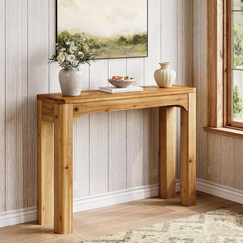 41.3-Inch Solid Wood Console Table, Sofa Table Behind Couch with Exquisite Parquet Top for Entryway, Living Room, Foyer, Hallway - Brown