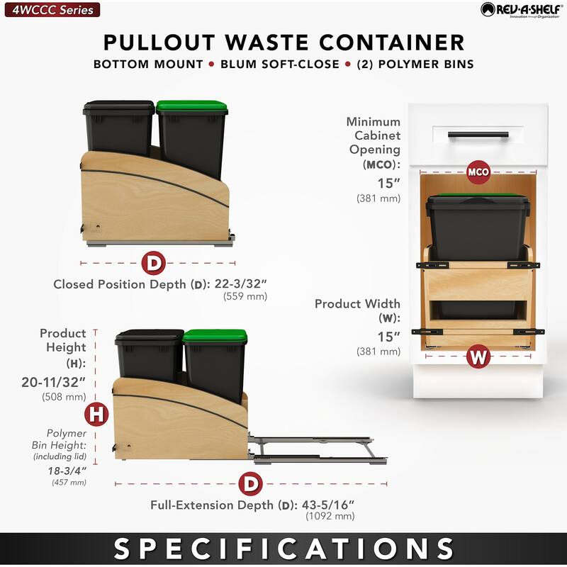 Rev-A-Shelf 4WCC-1835DM-218 Craftsman 15" Wide Solid Maple Designer