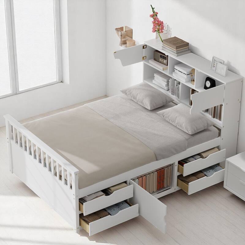 Full Size Captain Platform Bed with Bookcase Headboard, 4 Storage Drawers, and Adjustable Shelves, Gray Wood Frame