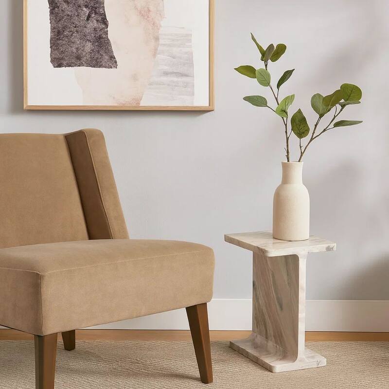 Isy Accent End Table, 15 Inch Natural Tan Brown I-Beam Shaped Marble