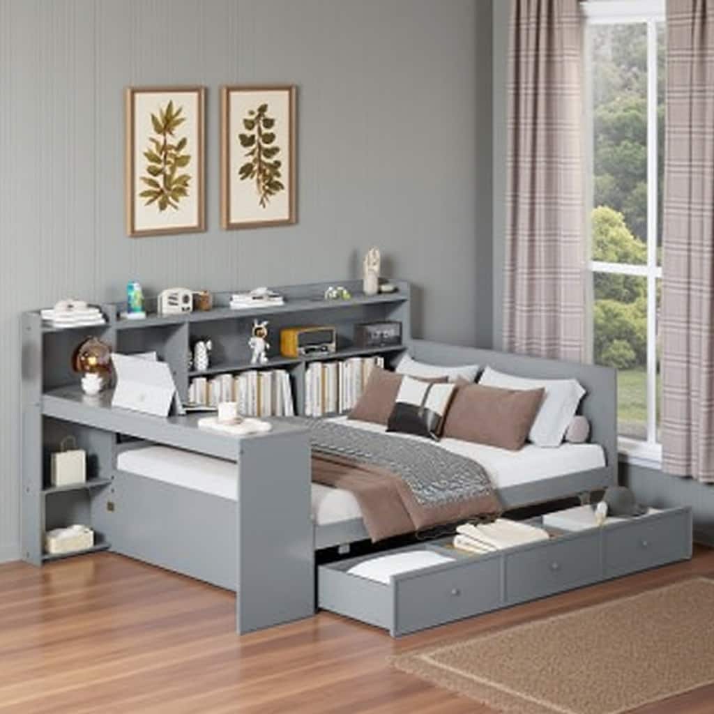Full Size Pine Wood Daybed with 3 Storage Drawers, USB Charging Desk, and Side Compartments