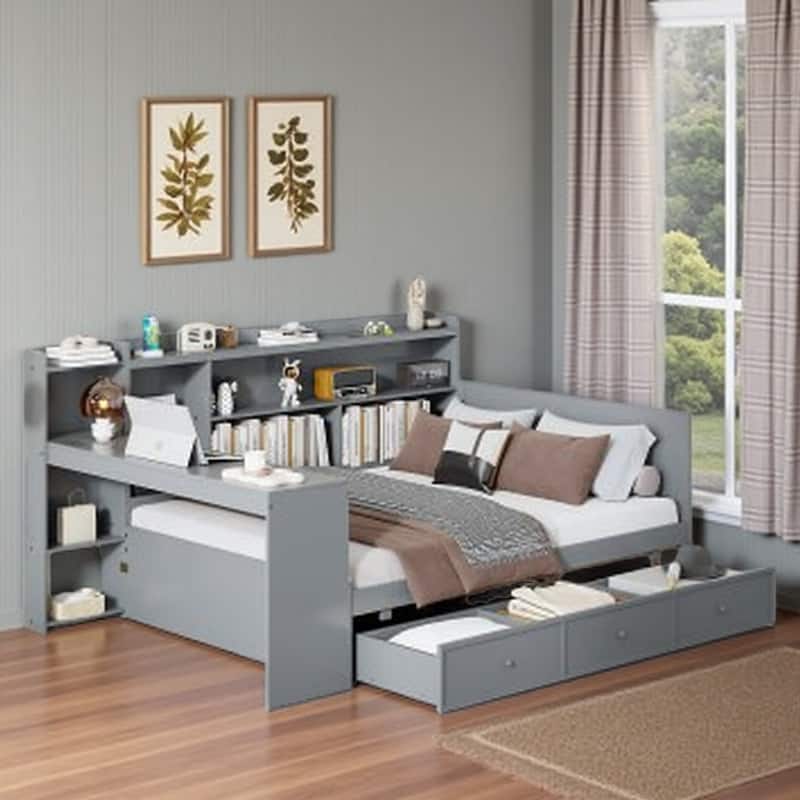 Full Size Pine Wood Daybed with 3 Storage Drawers, USB Charging Desk, and Side Compartments - Gray