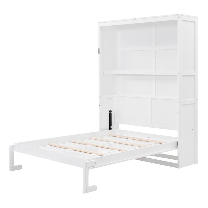 Roomfitters Full Size Murphy Bed with Shelves, Foldable Wall Bed with Storage Cabinet, White