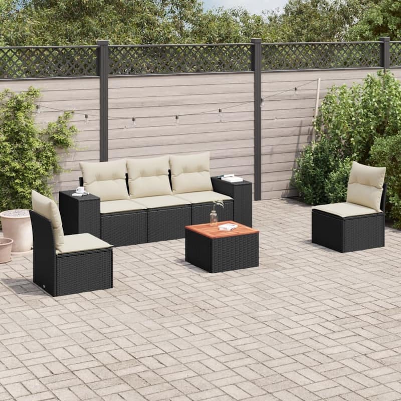 vidaXL Patio Sofa Set with Cushions Outdoor Furniture 6 Piece Poly Rattan - 21.7 x 21.7 x 14.6 - Black and cream 6 Piece Set