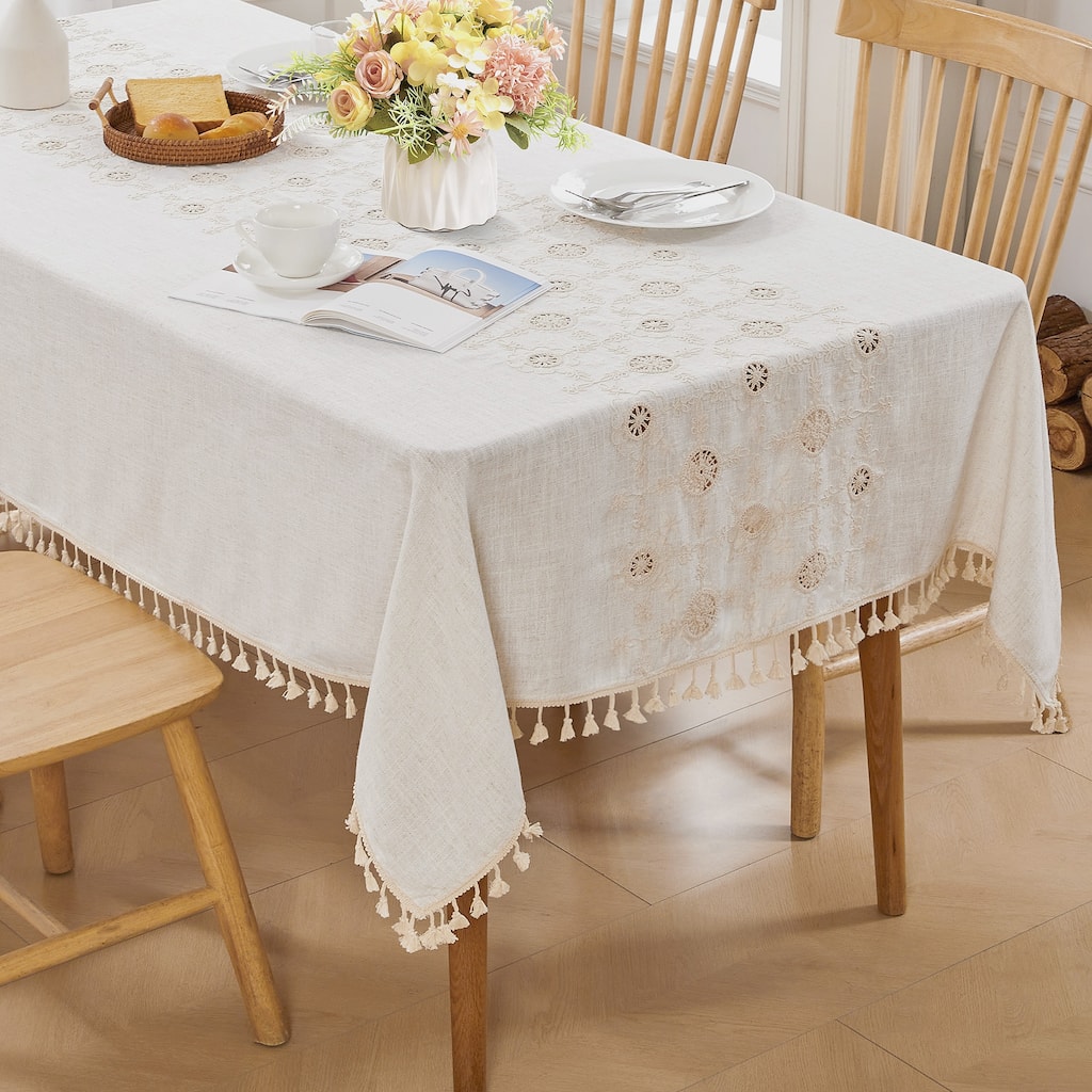 Faux Linen Embroidered Tassel Tablecloth