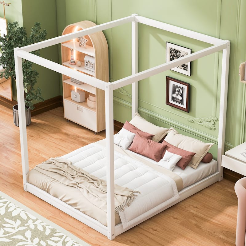 Queen Size Canopy Platform Bed with Support Legs in White, Sturdy Pine Wood and MDF Design