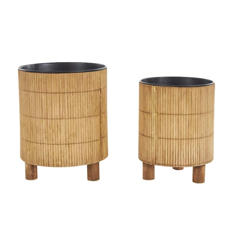 Bamboo Wood Handmade Indoor Planter with Black Metal Interior - Set of 2 Brown - Roche River Decor