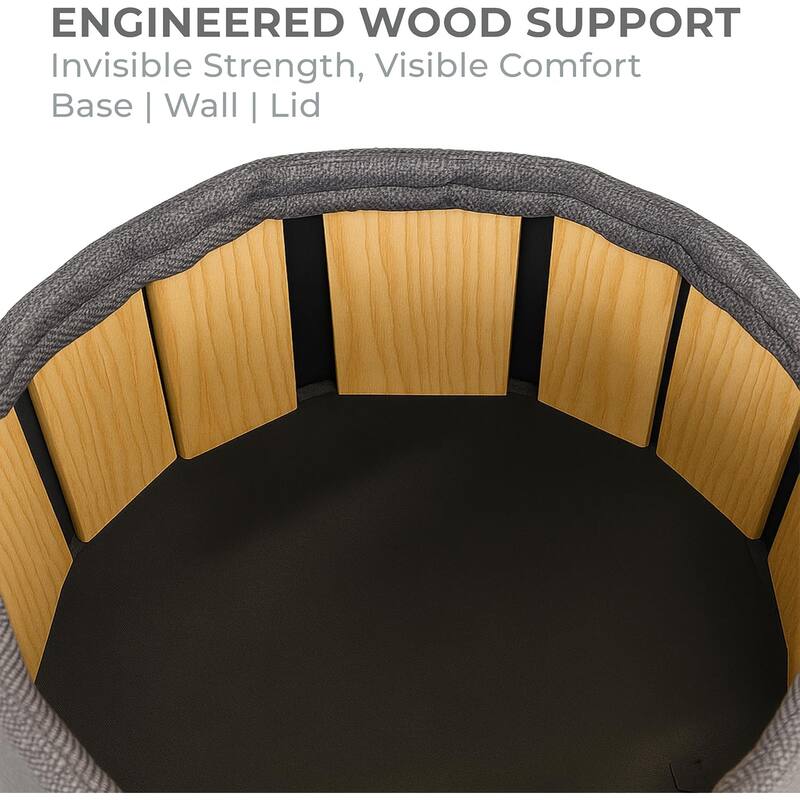 Modern Linen Ottoman with Pine Legs and Hidden Storage Flip Tray