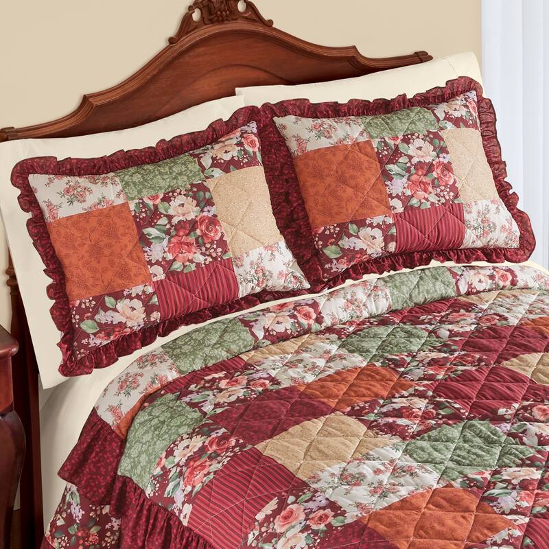 Olivia Rose Quilted Patchwork Ruffle Border Pillow Sham - Red - 8.250 x 5.000 x 3.500