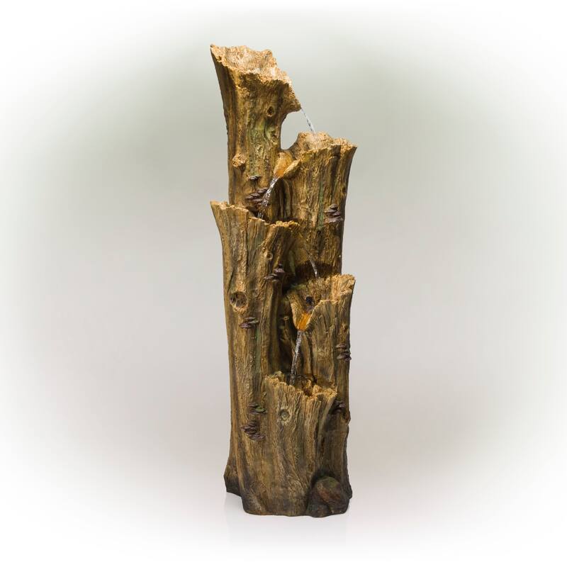 Alpine Corporation 65 Tall Outdoor 4 Tier Cascading Tree Bark Water Fountain with LED Lights Elegant Water Feature for Garden